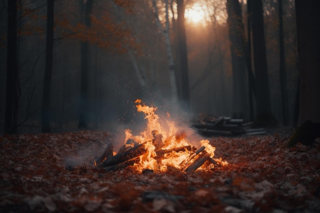 Bonfire in a forest setting with flames crackling and autumn leaves scattered around