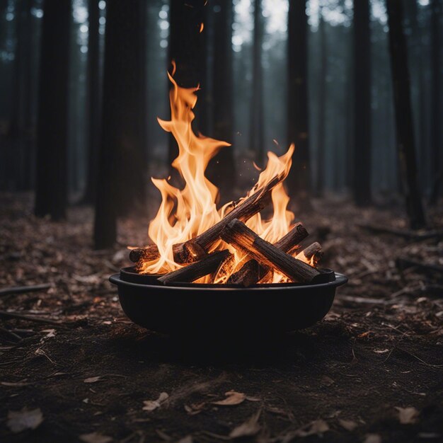 A bonfire in the forest at sunset camping in nature