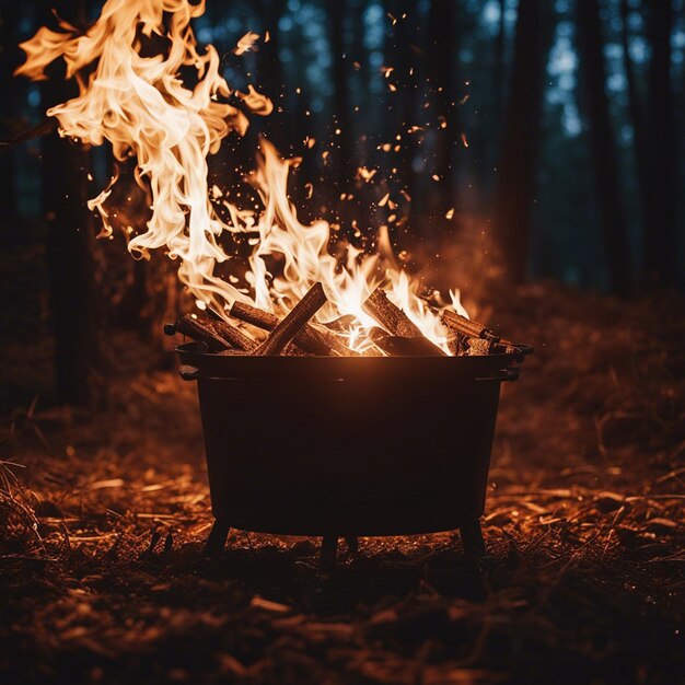 A bonfire in the forest at sunset camping in nature