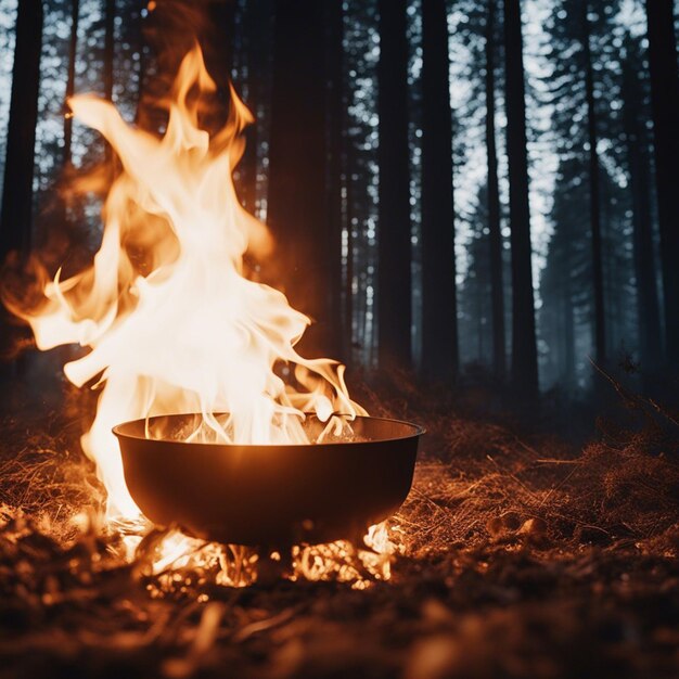 A bonfire in the forest at sunset camping in nature