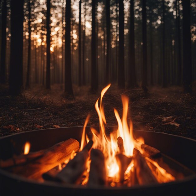 A bonfire in the forest at sunset camping in nature