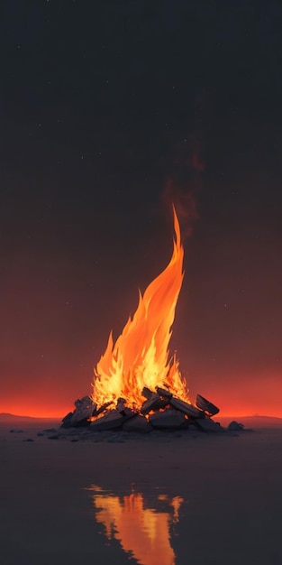 Bonfire on the lake at sunset in the winter