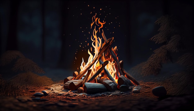 Bonfire Large orange flame on a black background Fire on black Brightly heat light camping