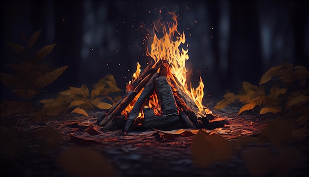 Bonfire Large orange flame on a black background Fire on black Brightly heat light camping