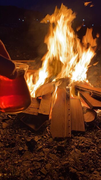 Bonfire on log at night