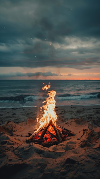 写真 夕暮れのビーチで火を燃やす