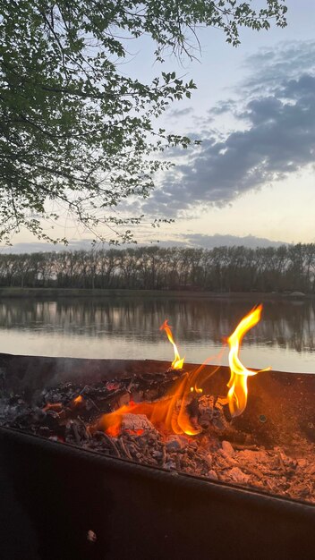 Bonfire on the river bank live fire