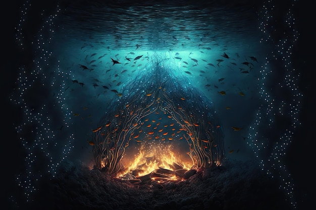 Bonfire underwater with swimming fishes created with generative ai