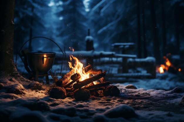 Photo bonfire in winter forest camping in the woods evening time