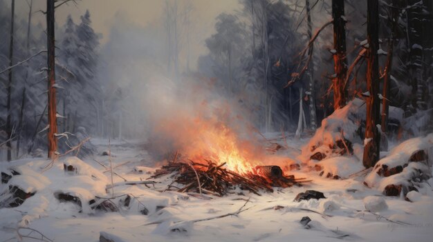 bonfire with fire in winter frosty forest