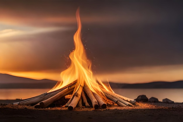 a bonfire with a sunset in the background
