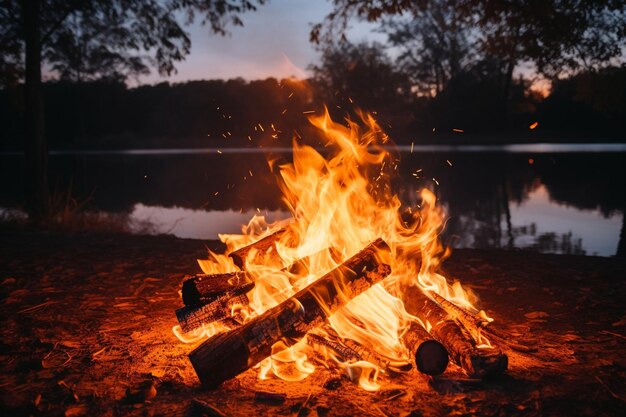 Photo of a bonfire in the woods at night