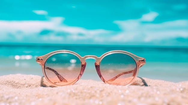 Bonitas gafas de sol rosa tiradas en la arena de la playa con vistas al mar en verano