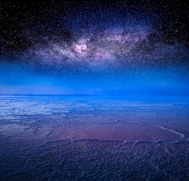 Bonneville Salt Flats night sky over salt lake. A popular tourist destination. Wonderful night natural landscape or background. Salt has healing properties, is used in cosmetology.