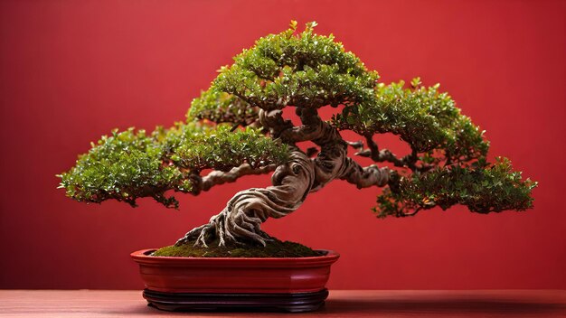 Bonsai boom geïsoleerd op rode achtergrond met kopieerruimte