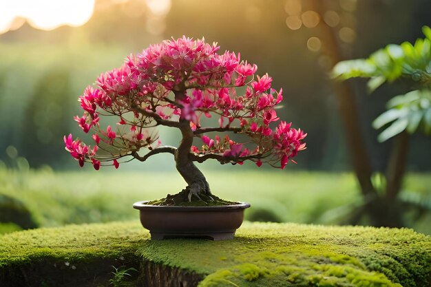 Bonsai boom in een pot met het woord bonsai erop