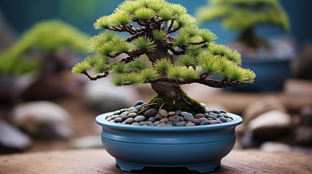 Bonsai boompje in een blauwe pot