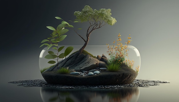 Bonsai in a glass jar on a black background Generative AI