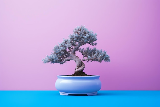 A bonsai tree in a blue and pink background