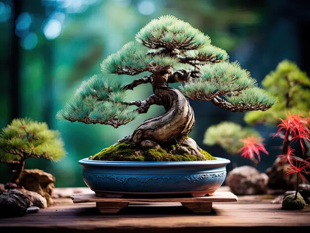 Foto un albero bonsai in un vaso blu su un tavolo