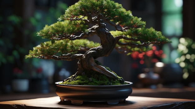 A bonsai tree in a bowl on a table