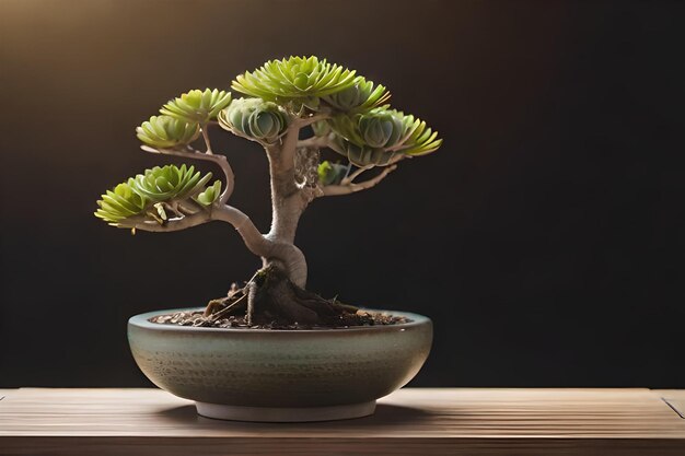 bonsai tree in a bowl with a black background