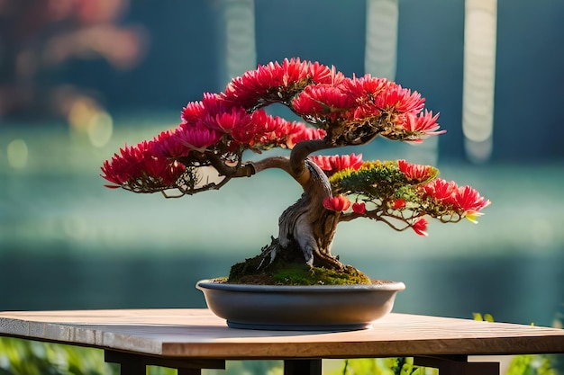 Bonsai tree in a bowl with a pot of flowers.