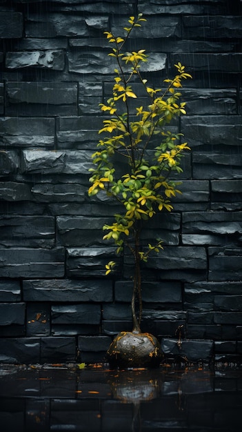 a bonsai tree in front of a stone wall