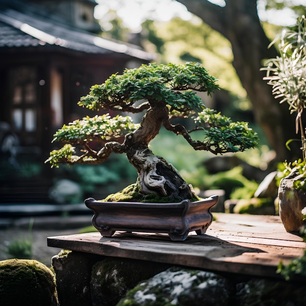 A Bonsai Tree in a Garden Shot