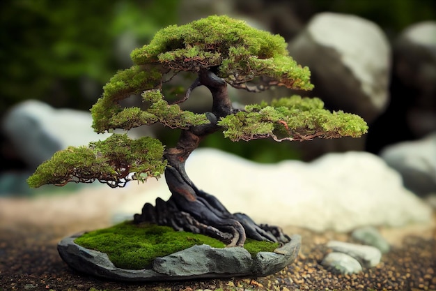 A bonsai tree is displayed on a rock.