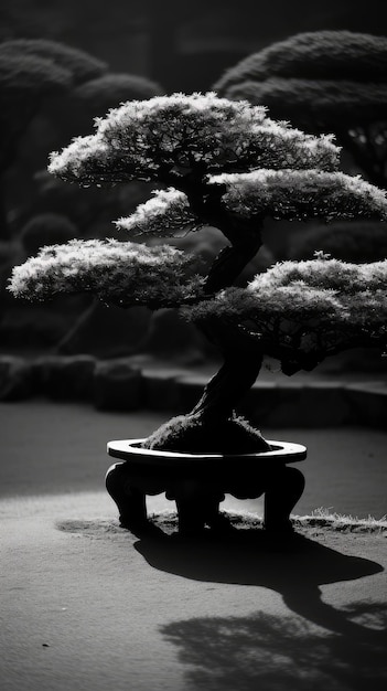 A bonsai tree is shown in black and white.