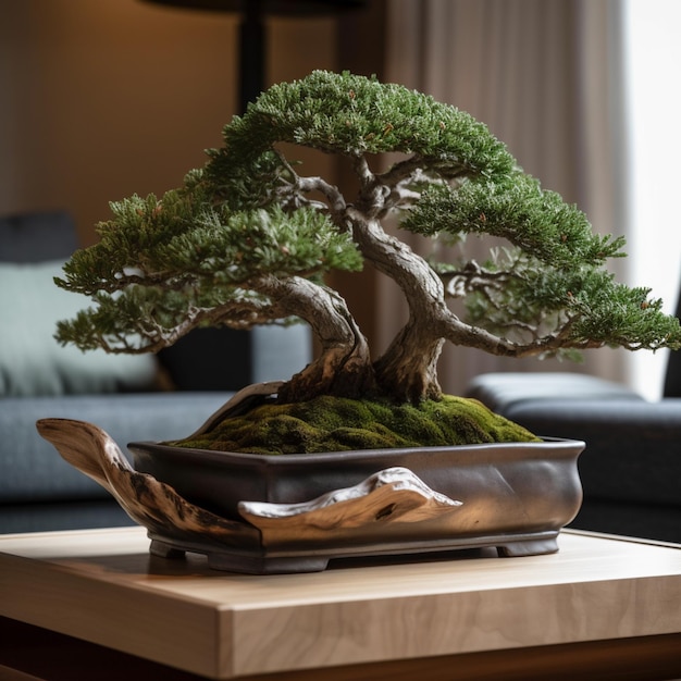 A bonsai tree is on a table in front of a couch.