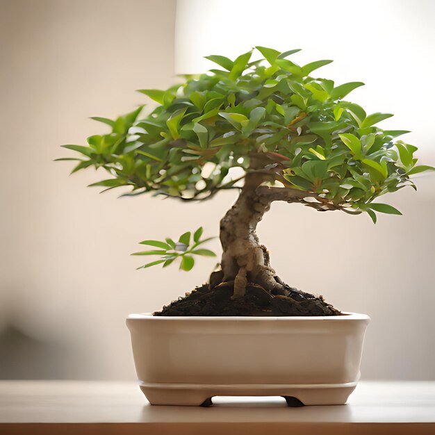 Photo a bonsai tree is in a white pot on a table