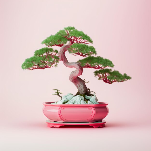 Photo bonsai tree in long quan kiln octagonal vase with pink glaze