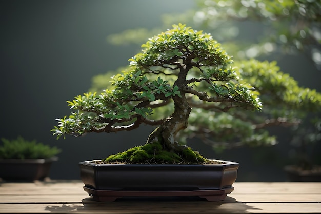 A bonsai tree in a pot next to a small potted plant