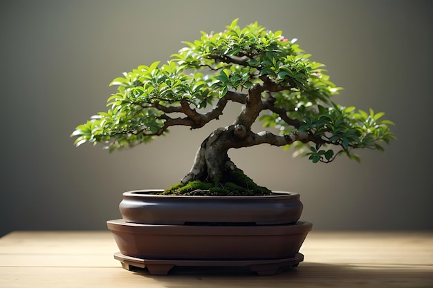 A bonsai tree in a pot next to a small potted plant