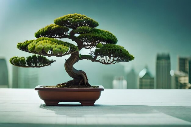A bonsai tree in a pot with a city in the background.