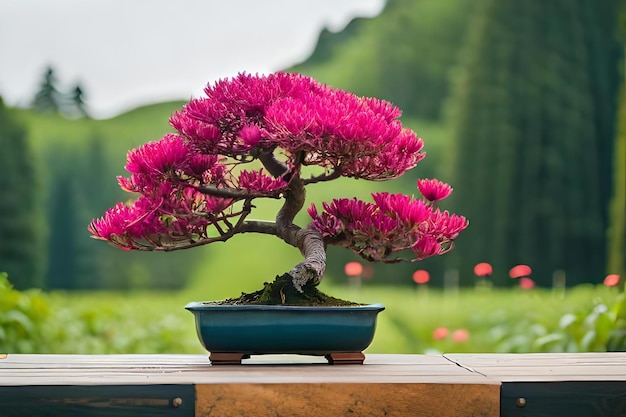 A bonsai tree in a pot with a mountain background.