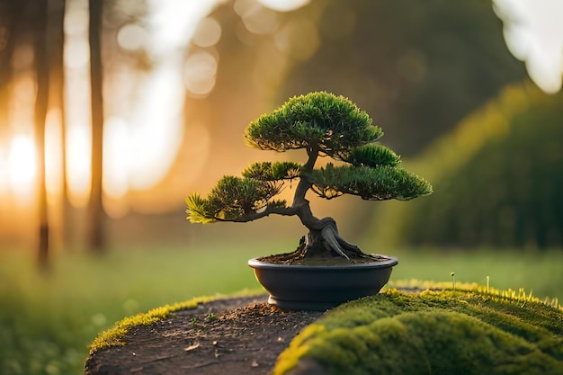 Bonsai tree in a pot with the sun behind it