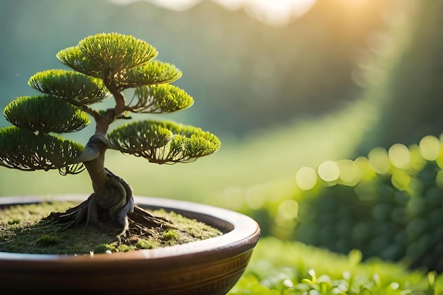 Bonsai tree in a pot with the sun behind it