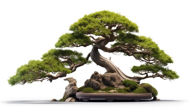 a bonsai tree to the right of the white empty background