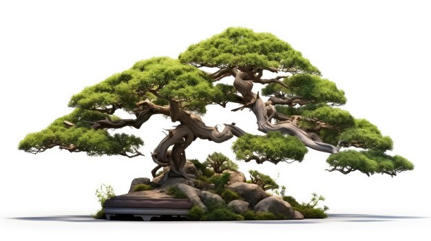 a bonsai tree to the right of the white empty background