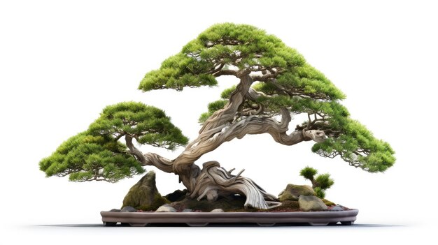 a bonsai tree to the right of the white empty background