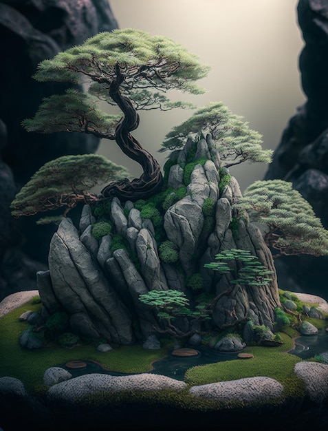 Bonsai tree in the rock garden Generative AI