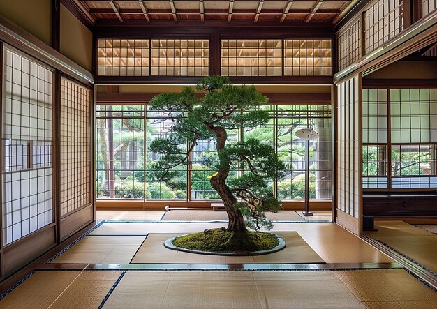 Photo a bonsai tree in a room with a window that says bonsai