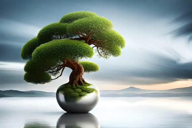 A bonsai tree on a round ball with a cloudy sky in the background.