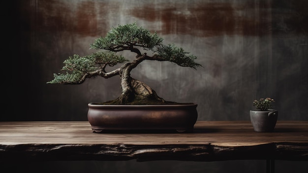 A bonsai tree sits on a table in front of a dark wall.