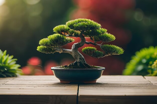 A bonsai tree sits on a wooden surface.