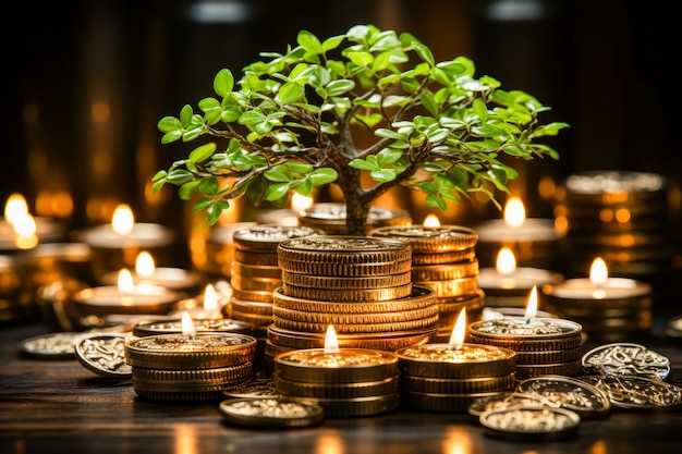 Bonsai tree sitting on top of pile of coins Generative AI