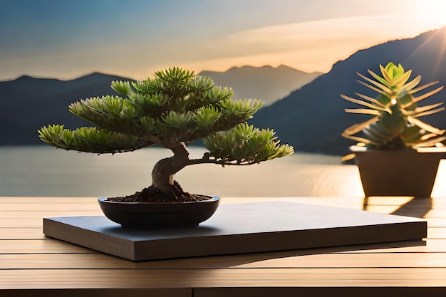 a bonsai tree on a table with mountains in the background